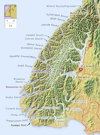 Doubtful Sound, Breaksea Sound, Dusky Sound, Chaulky Sound, and Preservation Sound